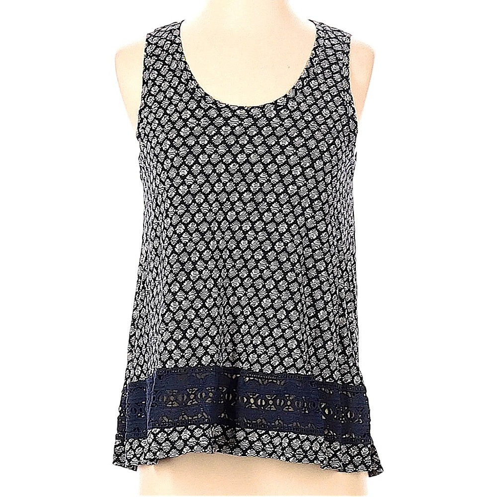 Ann Taylor Loft size small navy blue & white sleeveless top, lace around bottom